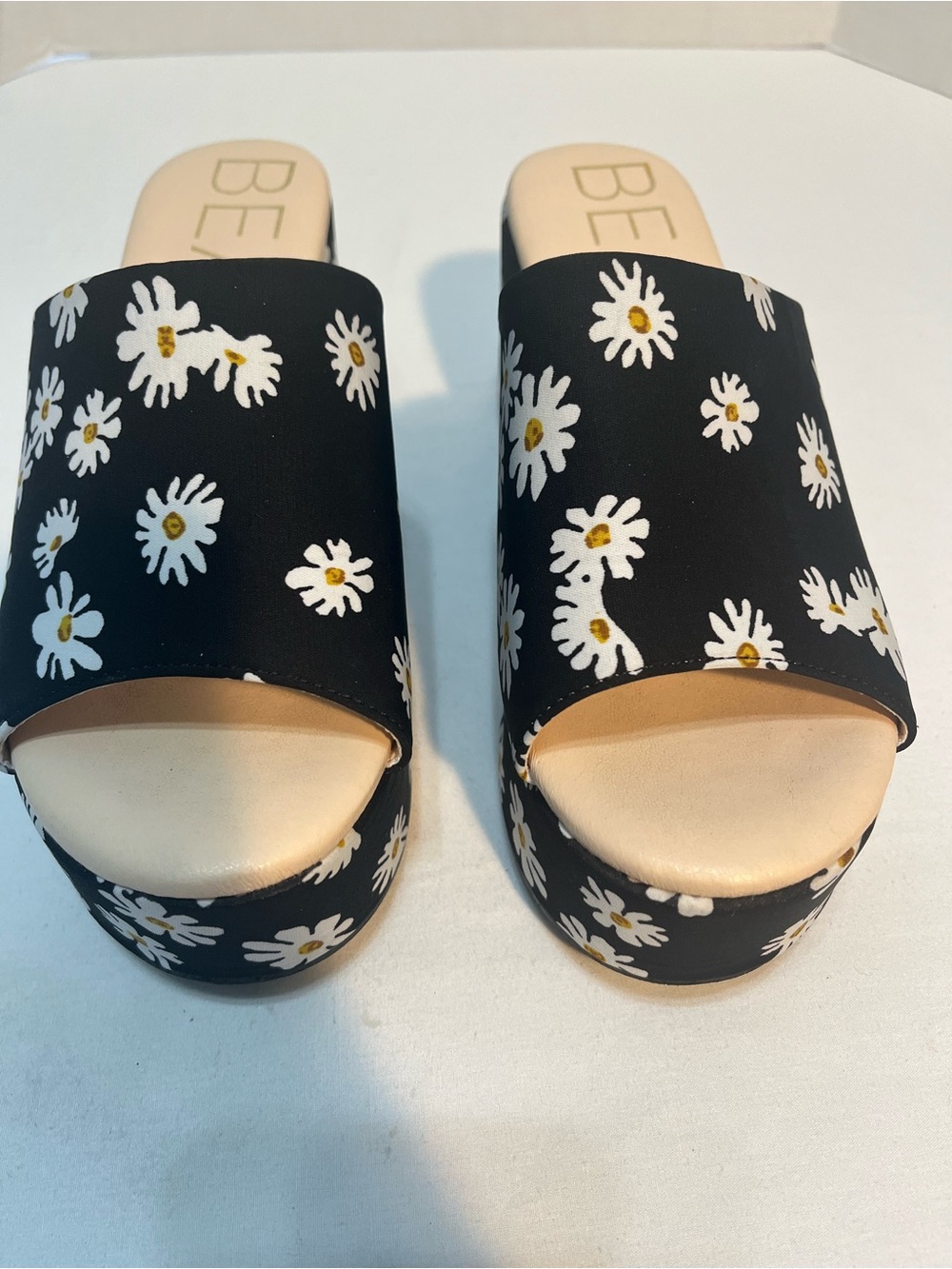 Black Daisy Platform Slide Wedges with Cream Footbed